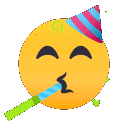 Yellow emoji face wearing a striped party hat and blowing a green party noisemaker.