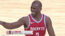 Chris Paul in a red basketball jersey transitioning from a forced grin to a serious expression.