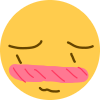 Yellow smiley face with a wide pink blush across its cheeks and a coy, small mouth.