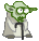 Yoda with a confused expression and wide eyes, rendered in a simple pixel art style.