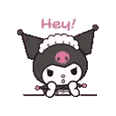 Kuromi with a pink skull on her black hood leans forward with an annoyed expression while the word Hey appears above her.