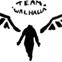A black silhouette of a winged figure rising upward with the text Team Valhalla above it.