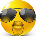 Smiley face wearing dark aviator sunglasses and a gold-trimmed goatee.