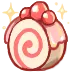 A small pixelated vanilla swiss roll cake with pink frosting and berries on top.
