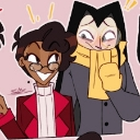 Two characters with wide, mischievous grins looking at each other.