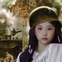 Wonhee from the K-pop group ILLIT wearing a military helmet with a serious expression against a war-themed background.