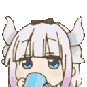 Kanna Kamui from Dragon Maid slowly sipping from a blue cup with a smug expression.