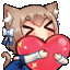 Felix Argyle with cat ears happily hugging a large red heart.
