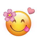 A yellow smiley face with a tongue sticking out, decorated with a pink cherry blossom flower and a small pink heart.