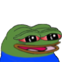 Pepe the Frog with bloodshot red eyes and a wide, relaxed grin.