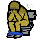A yellow cartoon character sitting on a toilet with their head in their hands, looking stressed and sweating.
