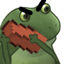 A grumpy green frog holding a red pixelated brick with an aggressive expression.