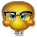 A round yellow character wearing black-rimmed glasses with a smug and judgmental expression.