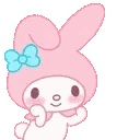 My Melody the rabbit blushing with a blue bow on her pink hood.