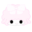A cute character with fluffy pink hair and a large bow smiling with black eyes.