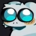 A white creature with oversized, glowing blue eyes and a soft blush staring intensely.