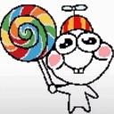 A cute white cartoon character wearing a propeller hat smiles while holding a large, colorful swirl lollipop.