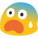 A yellow blob character with a wide open mouth and a sweat drop, expressing intense fear and panic.
