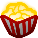 Popcorn in a red and white striped bucket.