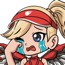 Mercy from Overwatch with a blonde ponytail and red visor crying with large blue tears streaming down her face.