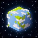 A blocky, pixel-art Earth shaped like a cube floating against a dark, starry background.