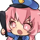 Yuno Gasai in a police uniform holding a baton and shouting.