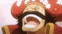 Gol D. Roger laughing with his mouth wide open and eyes closed in an anime style.