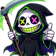 Grim reaper with glowing neon eyes and a scythe giving a thumbs up gesture.