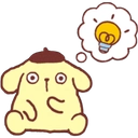 Pompompurin sitting with a wide-eyed expression and a lightbulb appearing in a thought bubble above his head.