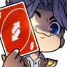 Anime character holding a red Uno reverse card with a smug, mischievous expression.
