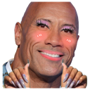 Dwayne Johnson with blushing cheeks, purple eyeshadow, and manicured hands held up in a shy pose.