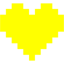 A yellow pixelated heart symbol set against a black background.
