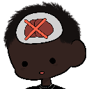 A cute cartoon character with a gray brain area marked by a red X, indicating no thoughts.