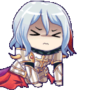 A chibi knight character with blue hair bowing deeply in a dramatic apology pose.
