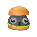 A sad gray creature with large, teary eyes sitting inside a hamburger bun.