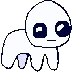 Autism creature with a blank expression and large dark eyes in a pixel art style.