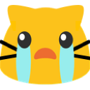 A stylized yellow cat face with large eyes and blue tears streaming down its cheeks.