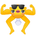 A yellow sun face with sunglasses and human muscular arms and legs flexing.