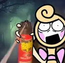 A panicked cartoon fairy with wide eyes holding a red can of Raid insect spray.