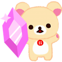 Korilakkuma the bear holding a large glowing pink crystal with a happy expression.