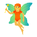 A small pixelated fairy with orange hair and green wings holding a golden magic wand.