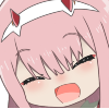 Zero Two with pink hair and horns smiling widely with her eyes closed in a joyful expression.