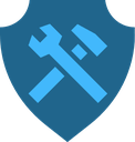 Shield emblem containing a crossed wrench and hammer in a flat blue style.
