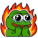 Pepe the Frog with wide, teary eyes and a wide grin, surrounded by bright orange and red flames.