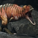 Dinosaur roaring with its mouth wide open against a dark rocky background.
