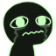 A dark, blob-like creature with large eyes crying with neon mint-colored tears and a glowing outline.