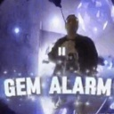 Gem Alarm text overlaying a glowing, ethereal blue background with sparkling light effects.