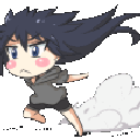 A chibi character with dark hair running quickly with a dust cloud behind them.