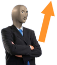 Meme Man wearing a suit standing with arms crossed in front of a large orange rising arrow.