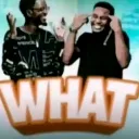 Two men laughing and pointing at their heads with the word WHAT written in large bold letters below them.